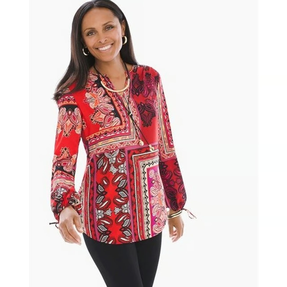 Chico's Blouse Womens XS Red Patched Paisley Peasant Long Sleeve Lightweight Top
